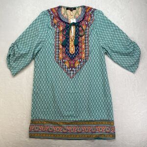 Women Bohemian‎ Neck Tie Vintage Printed Ethnic Pakistani Summer Shift Dress L